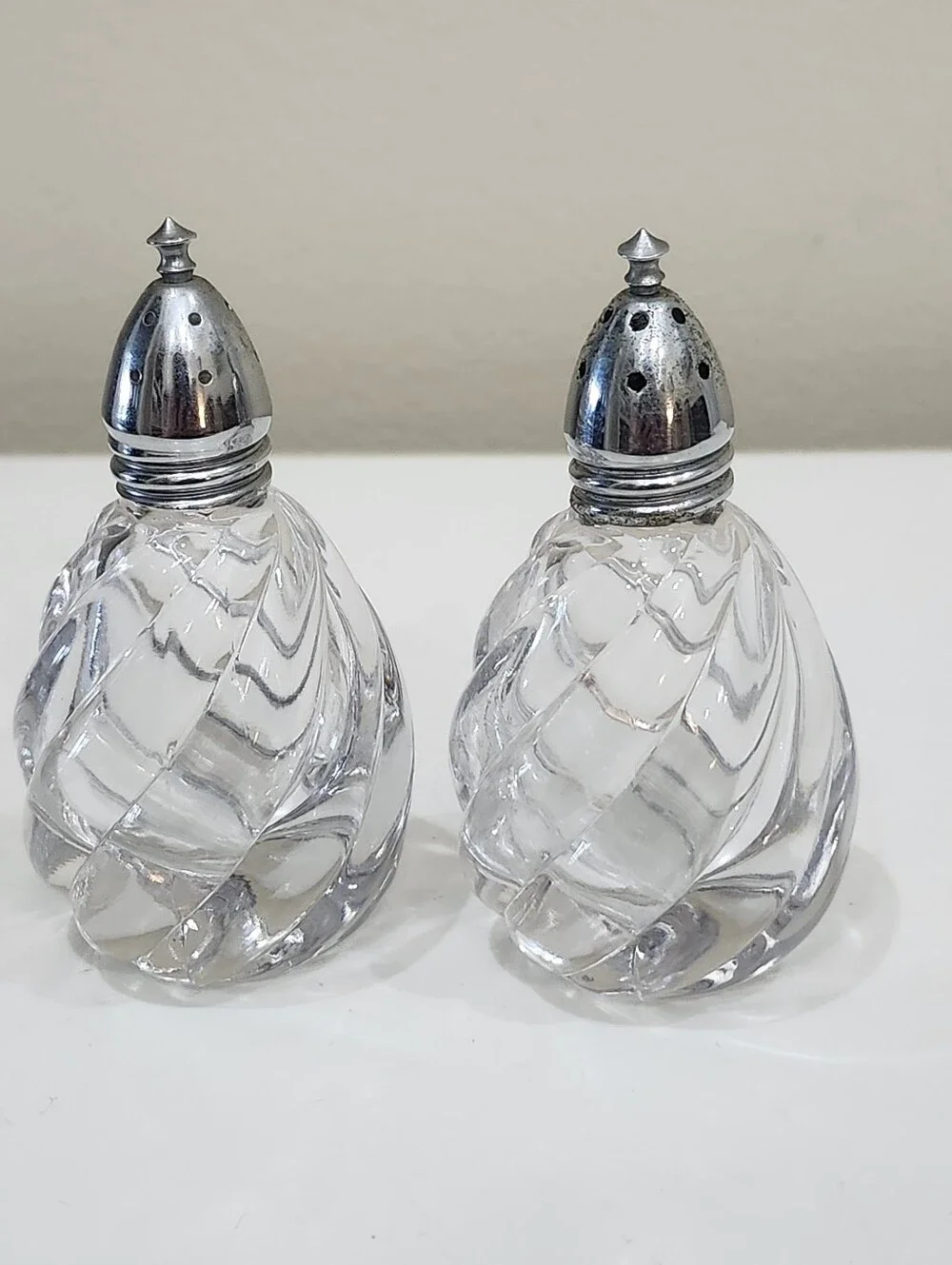 Vintage Glass Salt and Pepper Shakers With Chrome Tops Swirl Design Glossy MCM